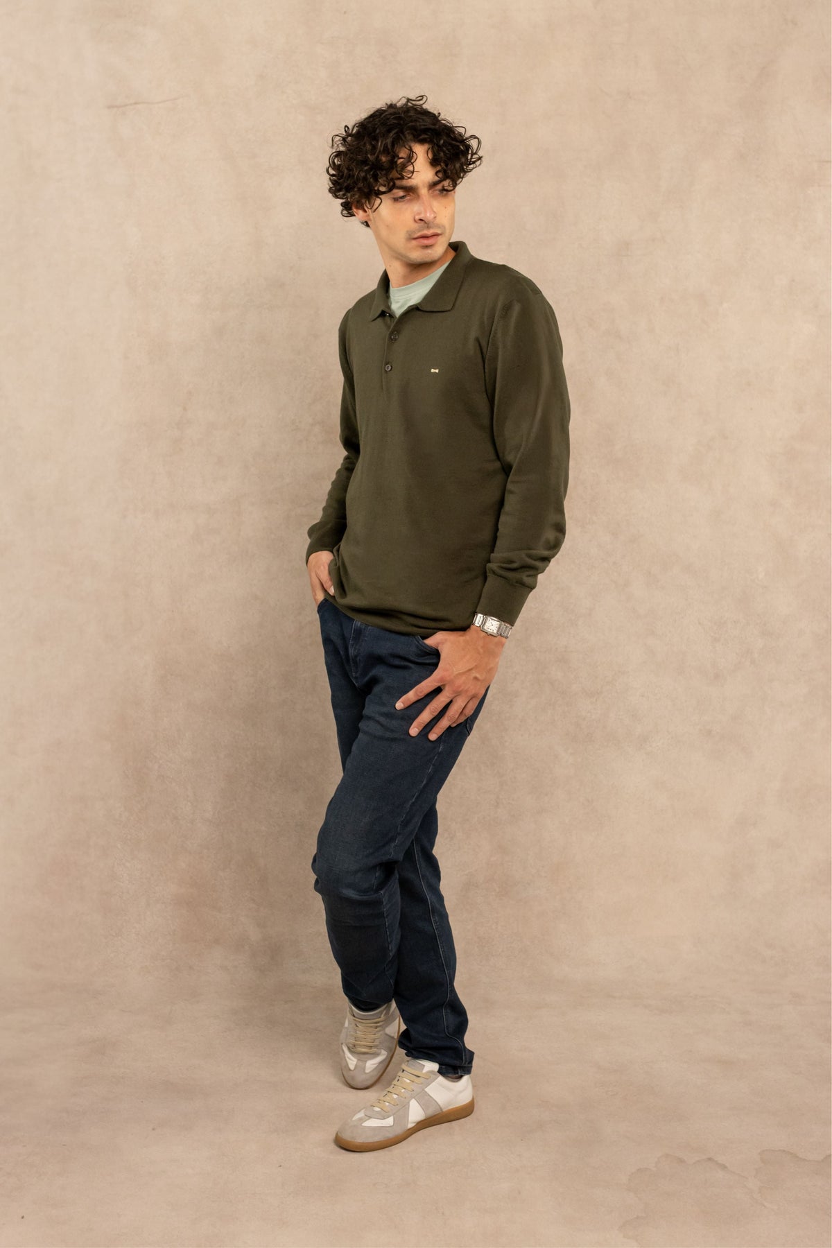 Polera Cuello Polo Tejido Manga Larga Verde Militar