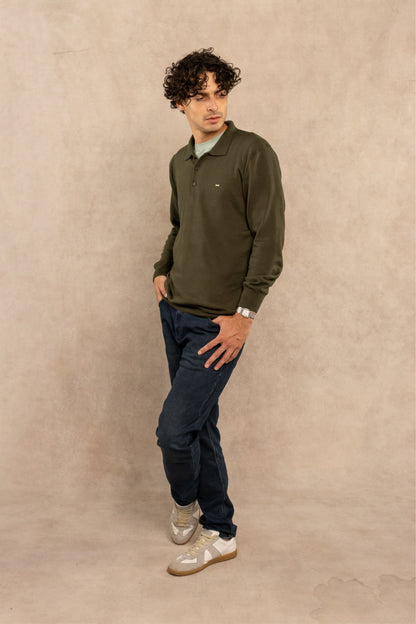 Polera Cuello Polo Tejido Manga Larga Verde Militar