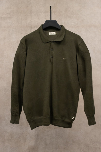Polera Cuello Polo Tejido Manga Larga Verde Militar