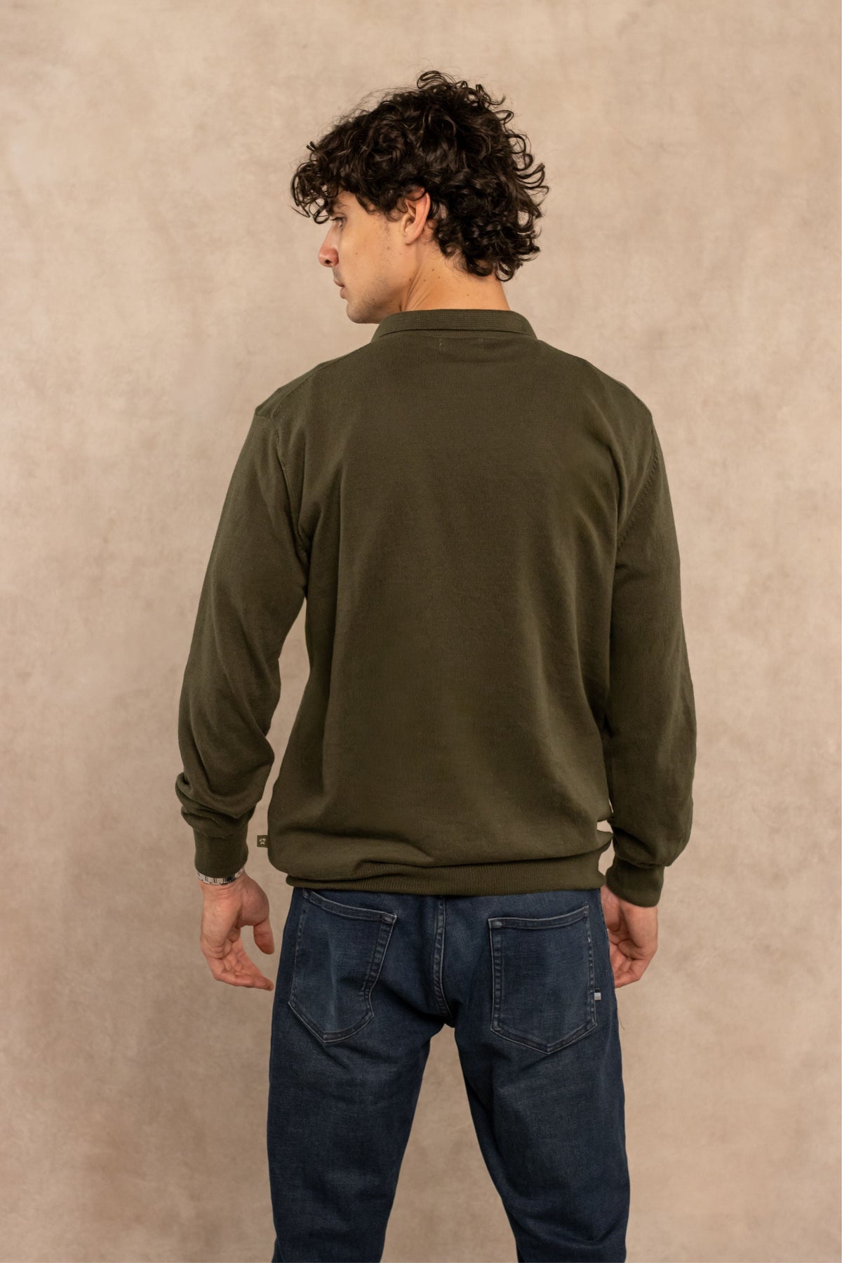 Polera Cuello Polo Tejido Manga Larga Verde Militar