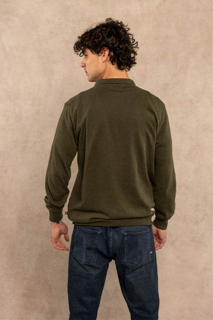 Polera Cuello Polo Tejido Manga Larga Verde Militar