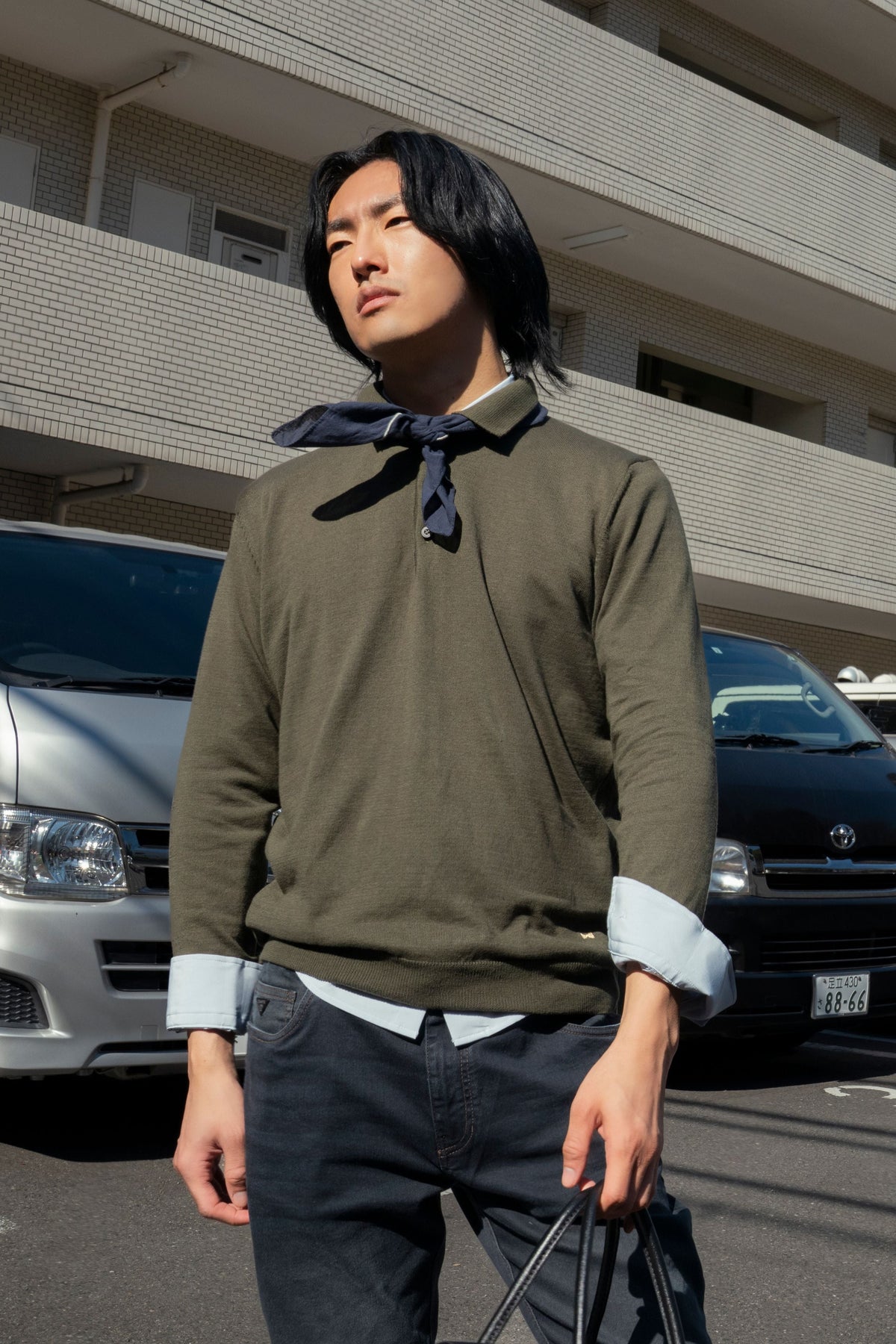 Polera Cuello Polo Tejido Manga Larga Verde Militar