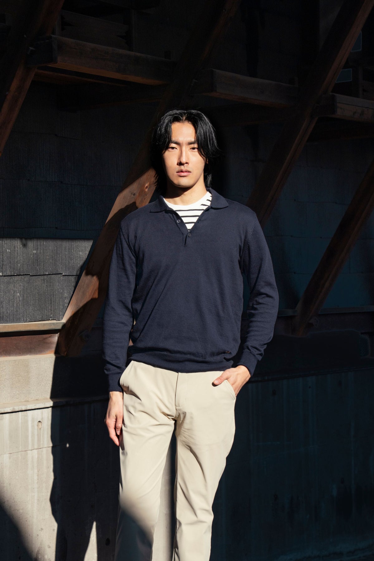 Polera Cuello Polo Tejido Manga Larga Midnight