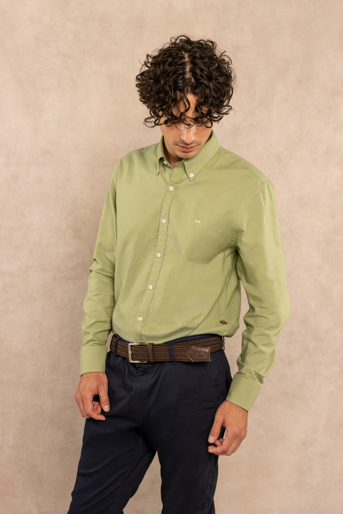 Camisa Antimanchas Oxford Verde Sage Logo Contraste - Talla Regular